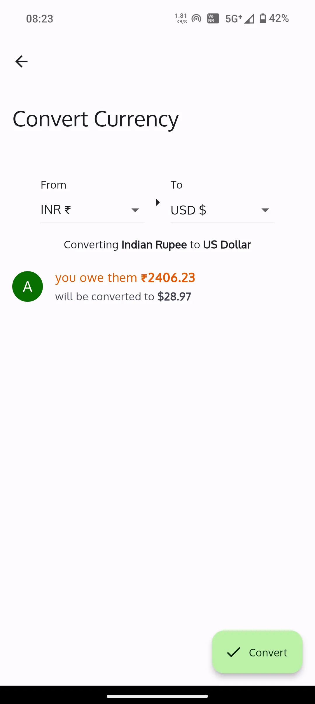 BillDivide Currency Conversion Screenshot